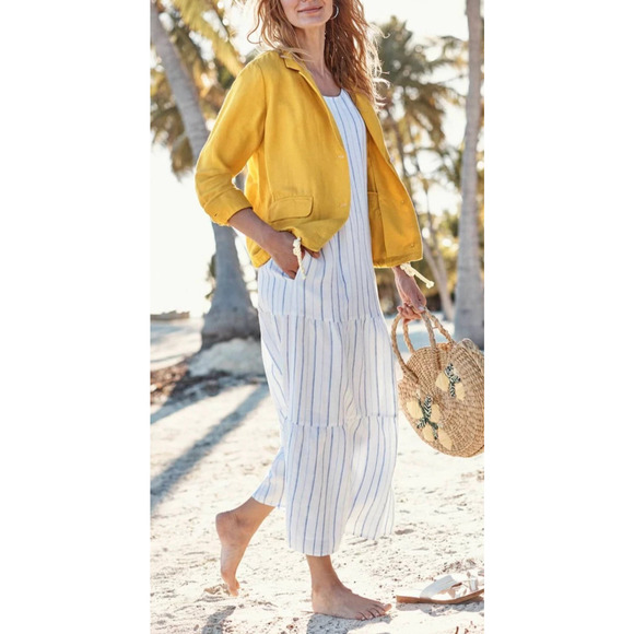 J. Jill Love Linen Sleeveless Tiered Maxi Dress Medium Petite Coastal Beach - Picture 14 of 16